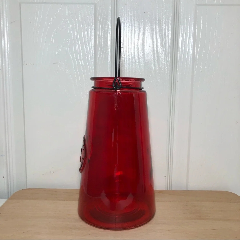 Genuine Crafted & Original Red Glass Ribbed Candle Holder with Metal Wire Handle
